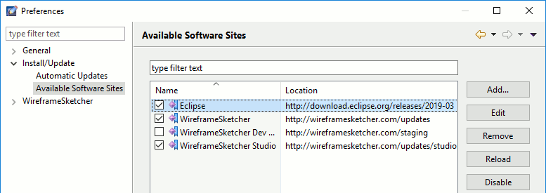 Enable Eclipse update site